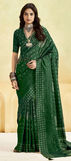 Green color Saree in Silk fabric with Printed work