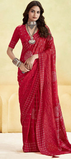 Pink and Majenta color Saree in Silk fabric with Printed work