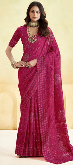 Pink and Majenta color Saree in Silk fabric with Printed work