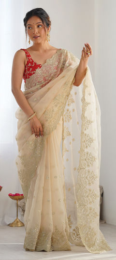 Beige and Brown color Saree in Organza Silk fabric with Embroidered, Sequence, Zari work