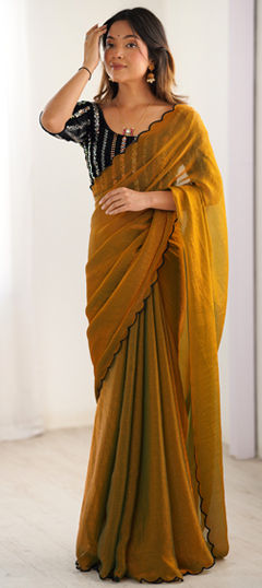Yellow color Saree in Chiffon fabric with Bugle Beads, Embroidered, Sequence work