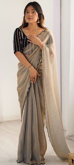 Black and Grey color Saree in Chiffon fabric with Bugle Beads, Embroidered, Sequence work