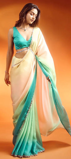 Blue color Saree in Georgette fabric with Cut Dana, Lace, Moti work