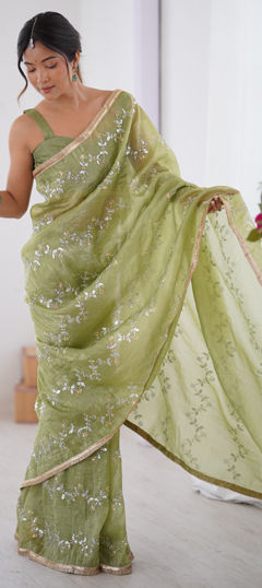 Green color Saree in Crushed Silk fabric with Sequence work