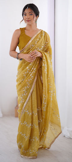 Yellow color Saree in Crushed Silk fabric with Sequence work