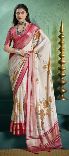 Pink and Majenta, White and Off White color Saree in Silk fabric with Floral, Printed, Weaving work