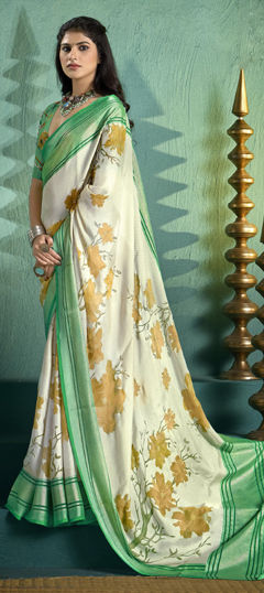 Green, White and Off White color Saree in Silk fabric with Floral, Printed, Weaving work
