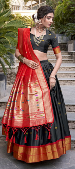 Black and Grey color Lehenga in Jacquard fabric with Weaving, Zari work