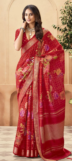 Red and Maroon color Saree in Silk fabric with Floral, Printed, Weaving work