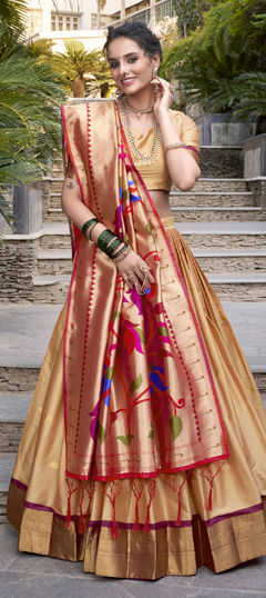 Beige and Brown color Lehenga in Jacquard fabric with Weaving, Zari work