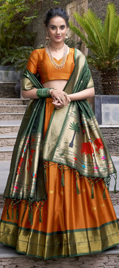 Orange color Lehenga in Jacquard fabric with Weaving, Zari work