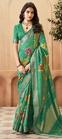 Green color Saree in Silk fabric with Floral, Printed, Weaving work