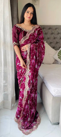 Pink and Majenta color Saree in Georgette fabric with Border, Embroidered, Floral, Printed, Zari work