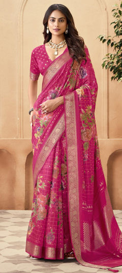 Pink and Majenta color Saree in Silk fabric with Floral, Printed, Weaving work