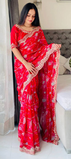 Red and Maroon color Saree in Georgette fabric with Border, Embroidered, Floral, Printed, Zari work