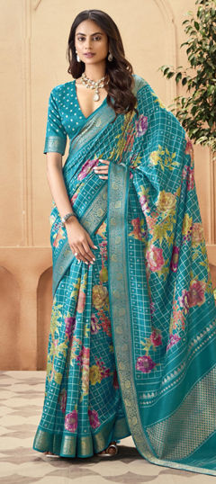 Blue color Saree in Silk fabric with Floral, Printed, Weaving work
