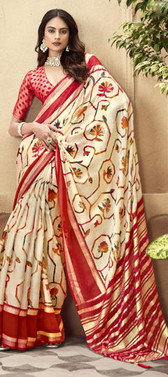Beige and Brown color Saree in Silk fabric with Printed, Weaving work