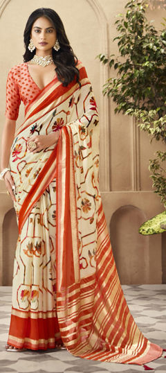 Beige and Brown color Saree in Silk fabric with Printed, Weaving work