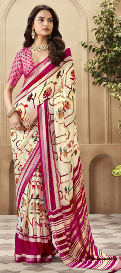 Beige and Brown color Saree in Silk fabric with Printed, Weaving work