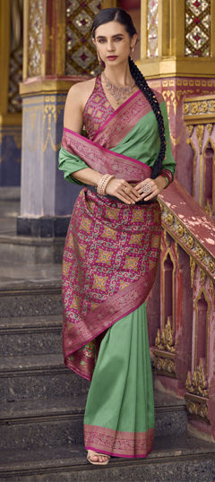 Green, Pink and Majenta color Saree in Silk fabric with Weaving, Zari work