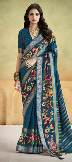 Blue color Saree in Silk fabric with Floral, Printed, Weaving work