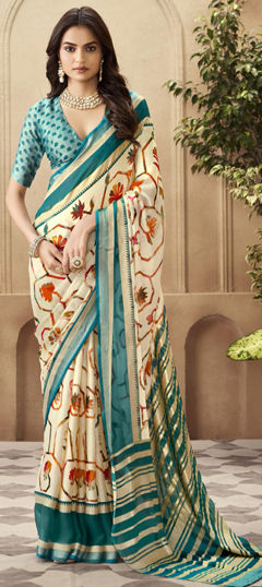 Beige and Brown color Saree in Silk fabric with Printed, Weaving work