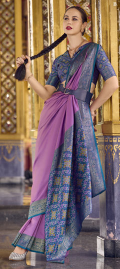Blue, Pink and Majenta color Saree in Silk fabric with Weaving, Zari work