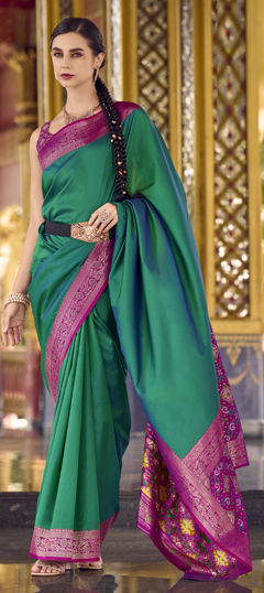 Green, Pink and Majenta color Saree in Silk fabric with Weaving, Zari work