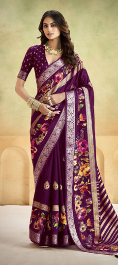 Purple and Violet color Saree in Silk fabric with Floral, Printed, Weaving work