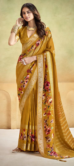 Yellow color Saree in Silk fabric with Floral, Printed, Weaving work
