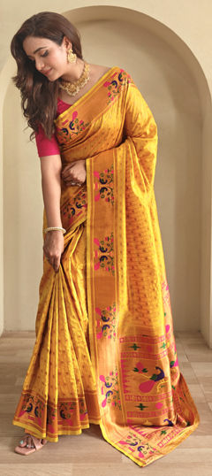 Yellow color Saree in Silk fabric with Weaving work
