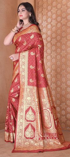 Red and Maroon color Saree in Art Silk, Silk fabric with Weaving, Zari work