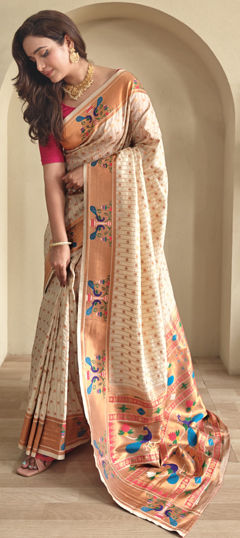 Beige and Brown color Saree in Silk fabric with Weaving work