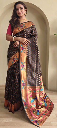 Black and Grey color Saree in Silk fabric with Weaving work