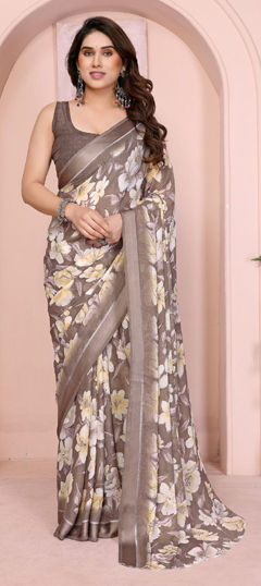 Beige and Brown, White and Off White color Saree in Satin Silk, Silk fabric with Printed work