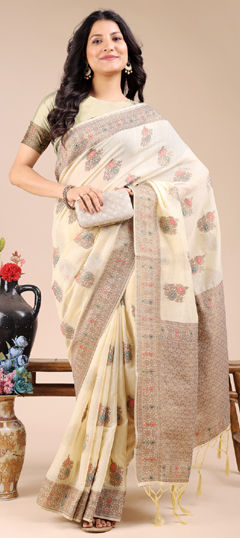 Beige and Brown color Saree in Cotton fabric with Weaving, Zari work