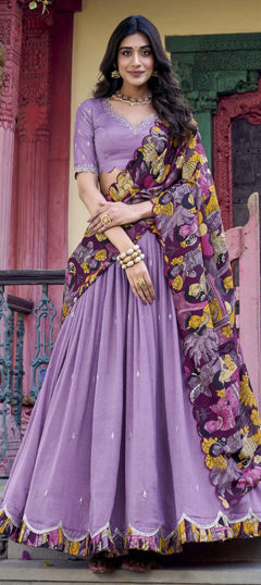 Purple and Violet color Lehenga in Silk fabric with Embroidered, Printed, Sequence, Thread work