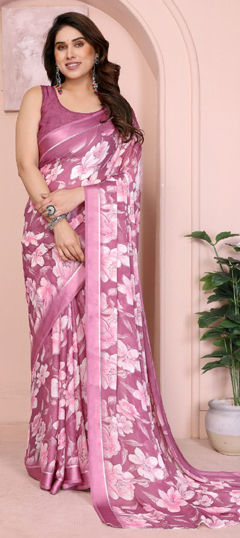 Beige and Brown, Pink and Majenta color Saree in Satin Silk, Silk fabric with Printed work
