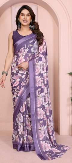 Beige and Brown, White and Off White color Saree in Satin Silk, Silk fabric with Printed work