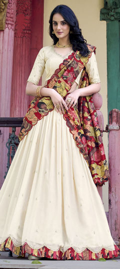 White and Off White color Lehenga in Silk fabric with Embroidered, Printed, Sequence, Thread work