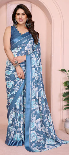 Blue, White and Off White color Saree in Satin Silk, Silk fabric with Printed work