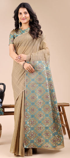 Beige and Brown color Saree in Cotton fabric with Weaving, Zari work