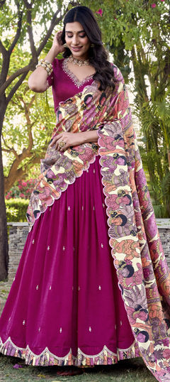 Pink and Majenta color Lehenga in Silk fabric with Embroidered, Printed, Sequence, Thread work