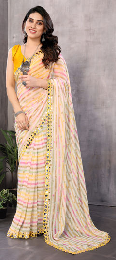 Purple and Violet, Yellow color Saree in Faux Georgette fabric with Lace, Mirror, Printed work