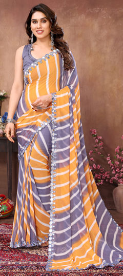 Black and Grey, Pink and Majenta color Saree in Faux Georgette fabric with Lace, Mirror, Printed work
