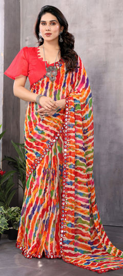 Multicolor color Saree in Faux Georgette fabric with Lace, Mirror, Printed work