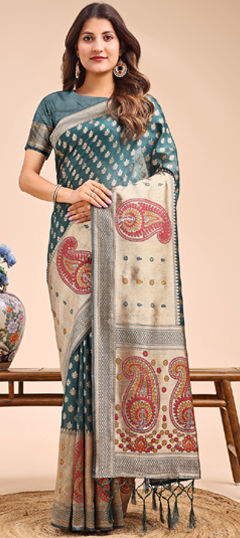 Beige and Brown, Blue color Saree in Linen fabric with Weaving work
