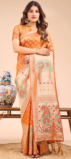 Yellow color Saree in Linen fabric with Weaving work