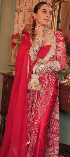 Pink and Majenta color Salwar Kameez in Chinon Silk fabric with Mirror, Printed work
