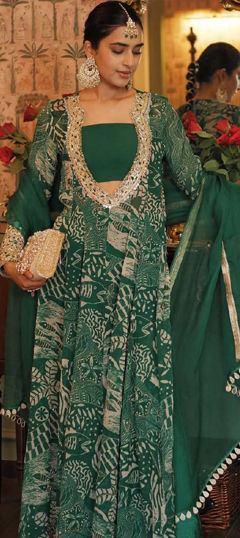 Green color Salwar Kameez in Chinon Silk fabric with Mirror, Printed work